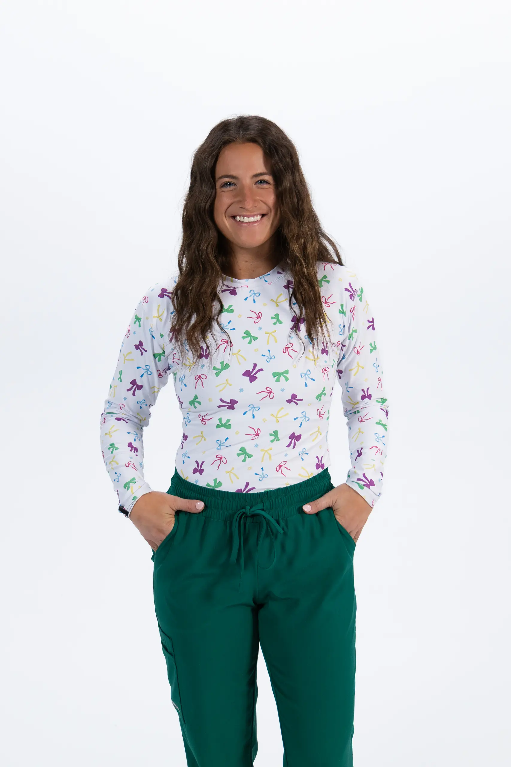 Bow print underscrub in soft colors, front view